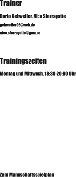 Trainer Dario Gehweiler, Nico Sferragatte gehweiler02@web.de  nico.sferragatte@gmx.de Trainingszeiten Montag und Mittwoch, 18:30-20:00 Uhr Zum Mannschaftsspielplan